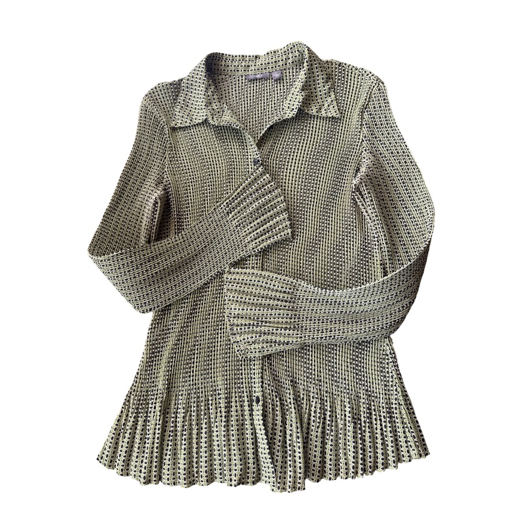 Apt. 9 Pleated Peplum Blouse Women Large Green Geometric Button Up Excellent